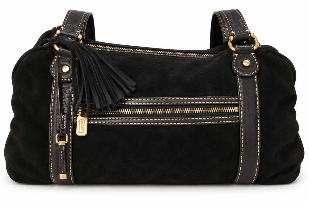 Liz Claiborne Black Suede Satchel Handbag with Tassels